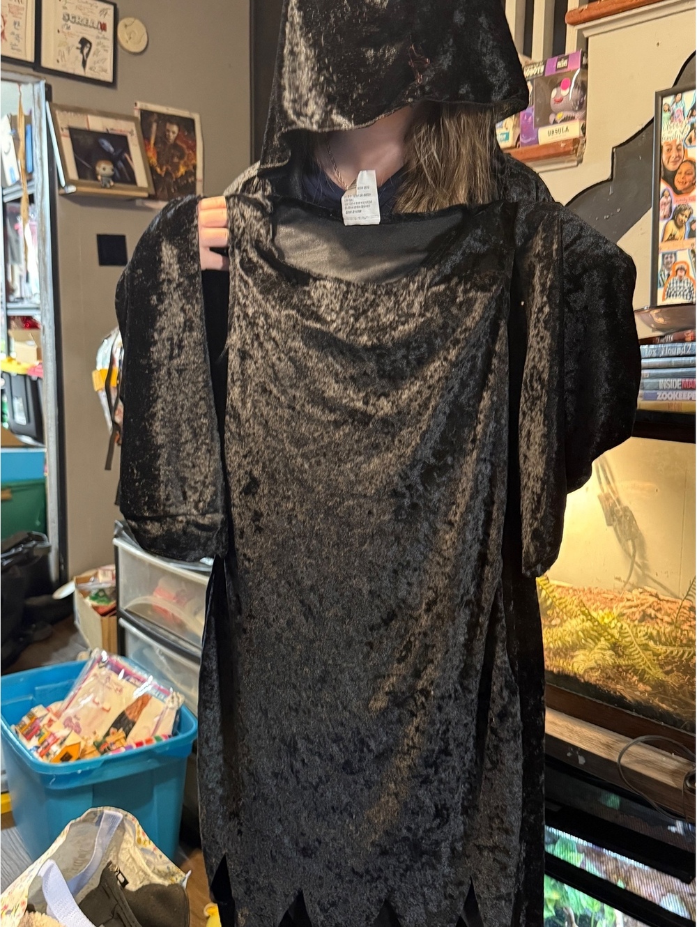 Black Velvet Hooded Costume Dress with Jagged Hem